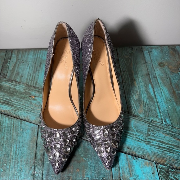 Badgley Mischka Jewel Heels Ulyana Crystal Glitter Bridal Shoes Silver Size 10 - Picture 3 of 7